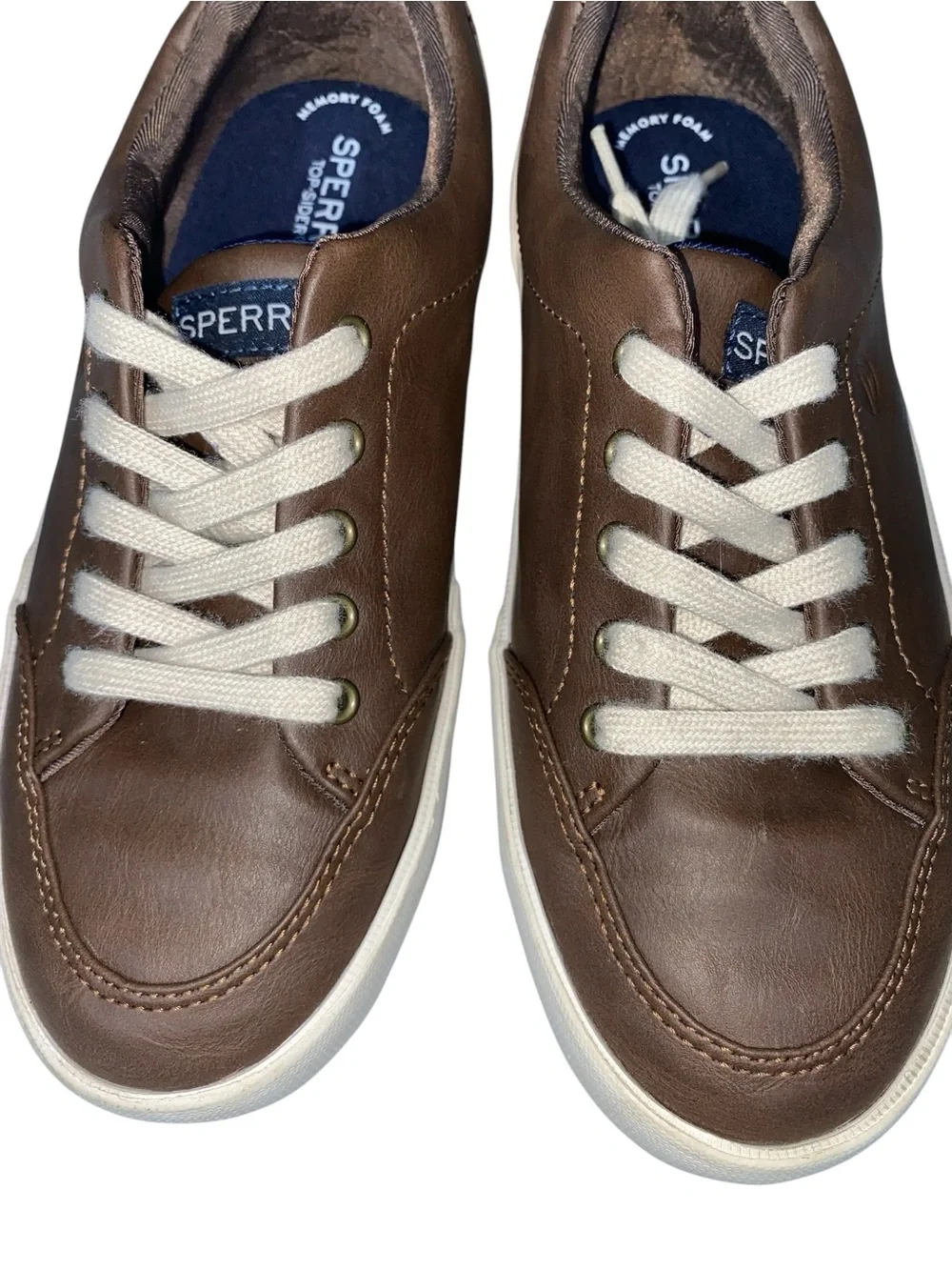 Sperry Boys Harbor Tide Sneaker Chocolate Brown Faux Leather White Laces Size 3